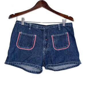 TOMMY HILFIGER Vintage Juniors 9 Dark Wash Red White Piping 2.5" Jean Shorts